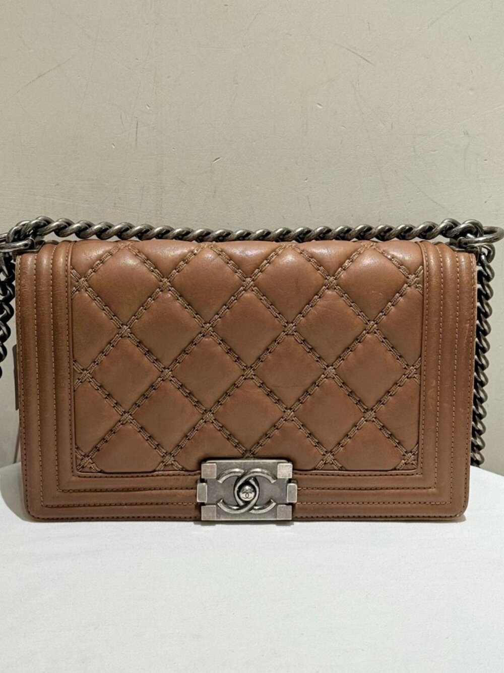 Chanel Le Boy Medium Brown Quilted Waxed Leather Shoulder Bag